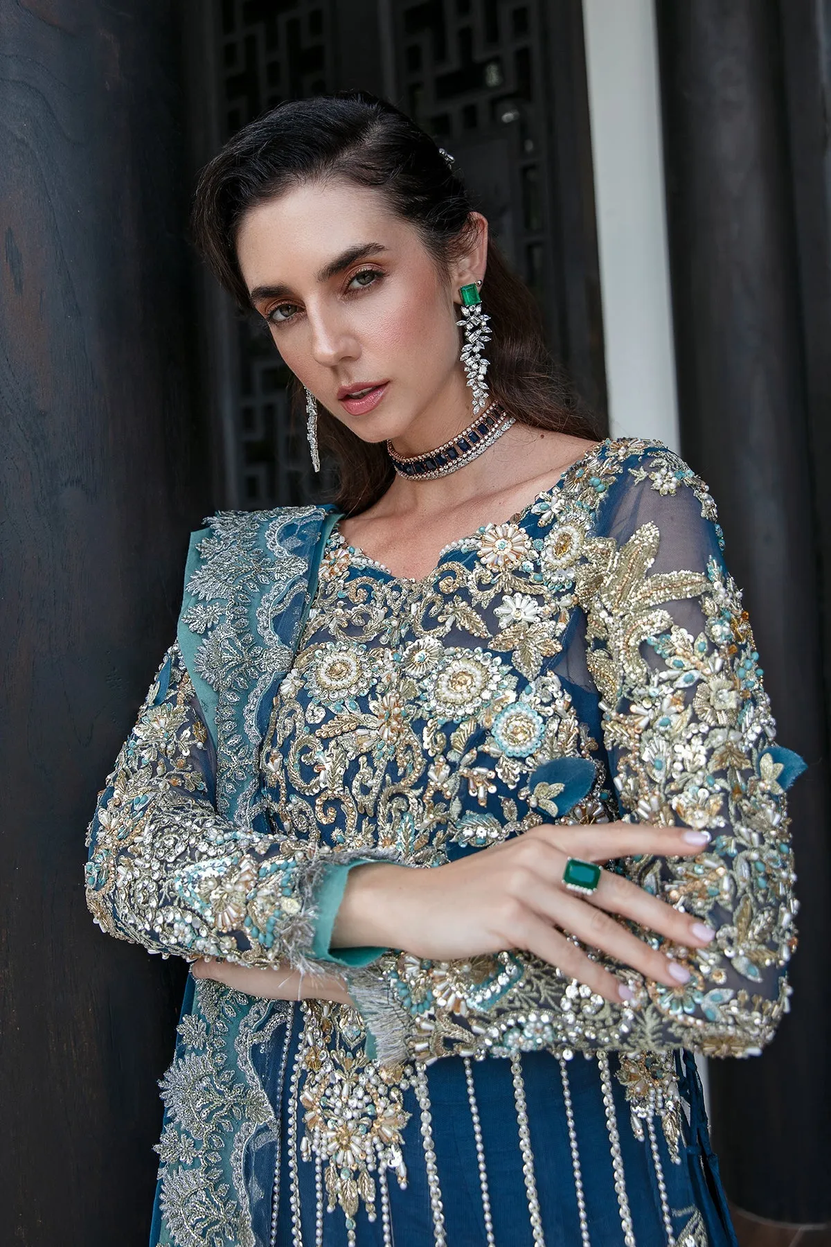 Luxury Pakistani Wedding Dress Embroidered Gown Pishwas in Blue Shade