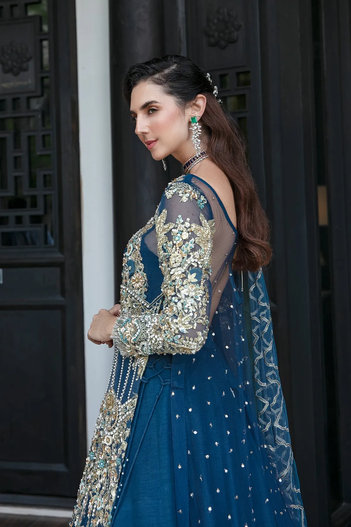 Luxury Pakistani Wedding Dress Embroidered Gown Pishwas in Blue Shade