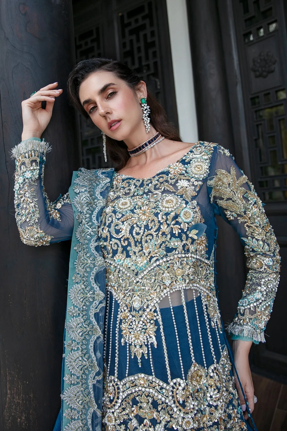 Luxury Pakistani Wedding Dress Embroidered Gown Pishwas in Blue Shade