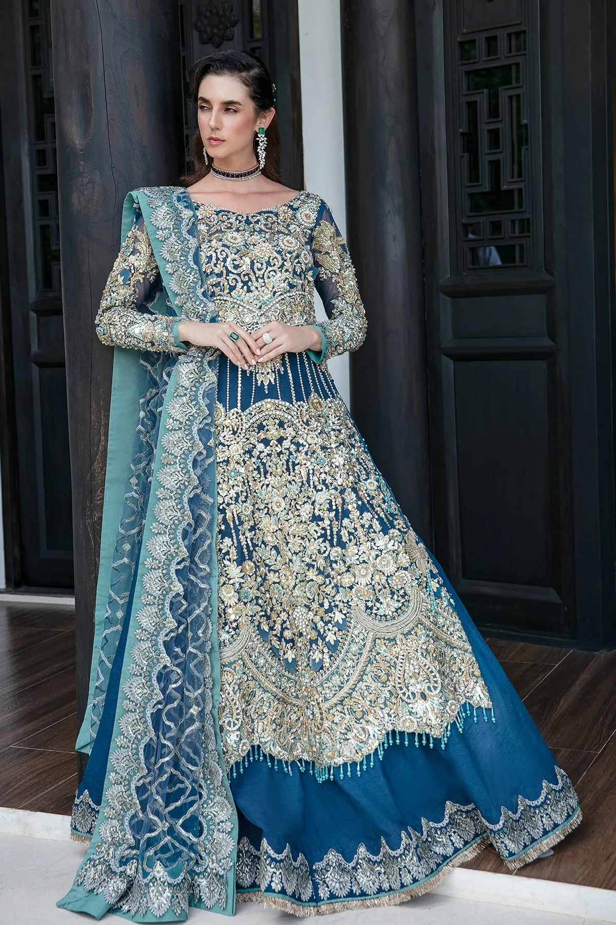 Luxury Pakistani Wedding Dress Embroidered Gown Pishwas in Blue Shade