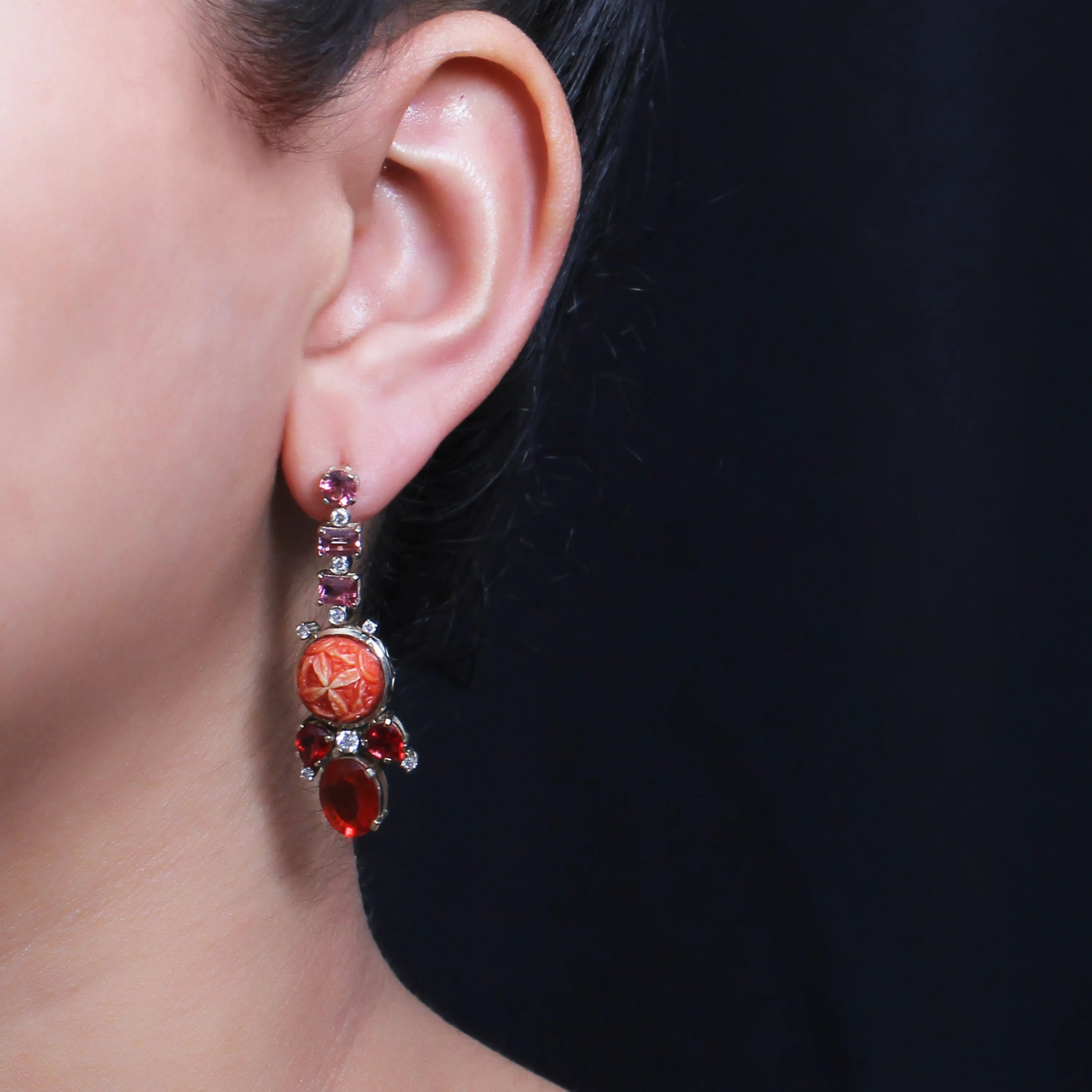Luxury Pink Tourmaline Carved Red Coral Fire Opal and Diamond 0.31ct Earrings in 18K White Gold