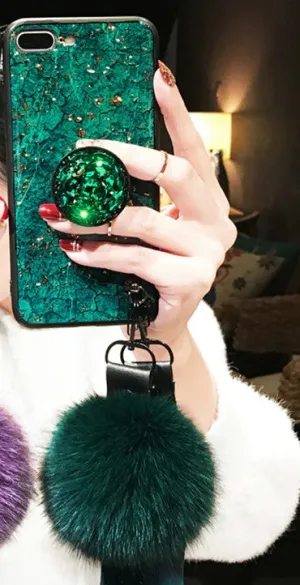 Marble Fashion Hair Ball Lanyard Round Shiny Diamond Stand Soft cover case for iphone MAX XS