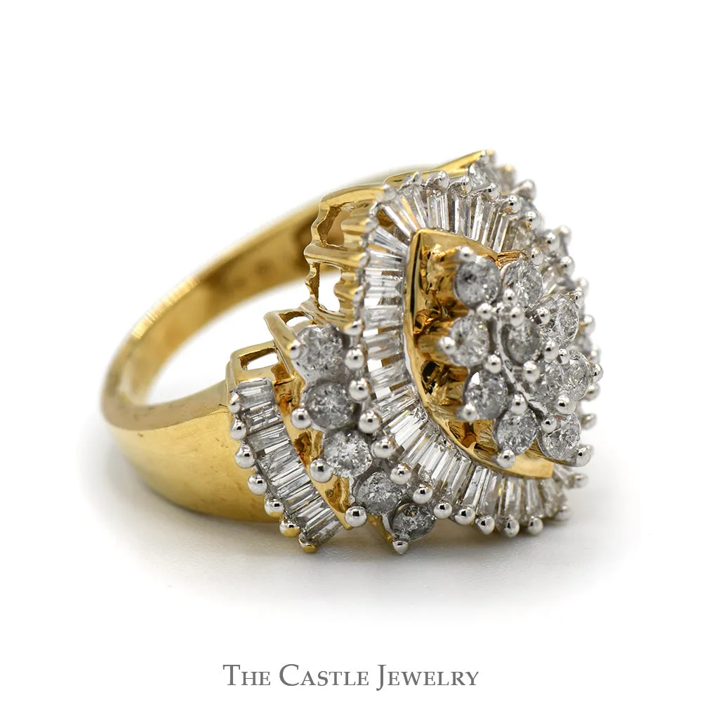 Marquise Shaped 1.33cttw Round & Baguette Diamond Cluster Ring in 10k Yellow Gold