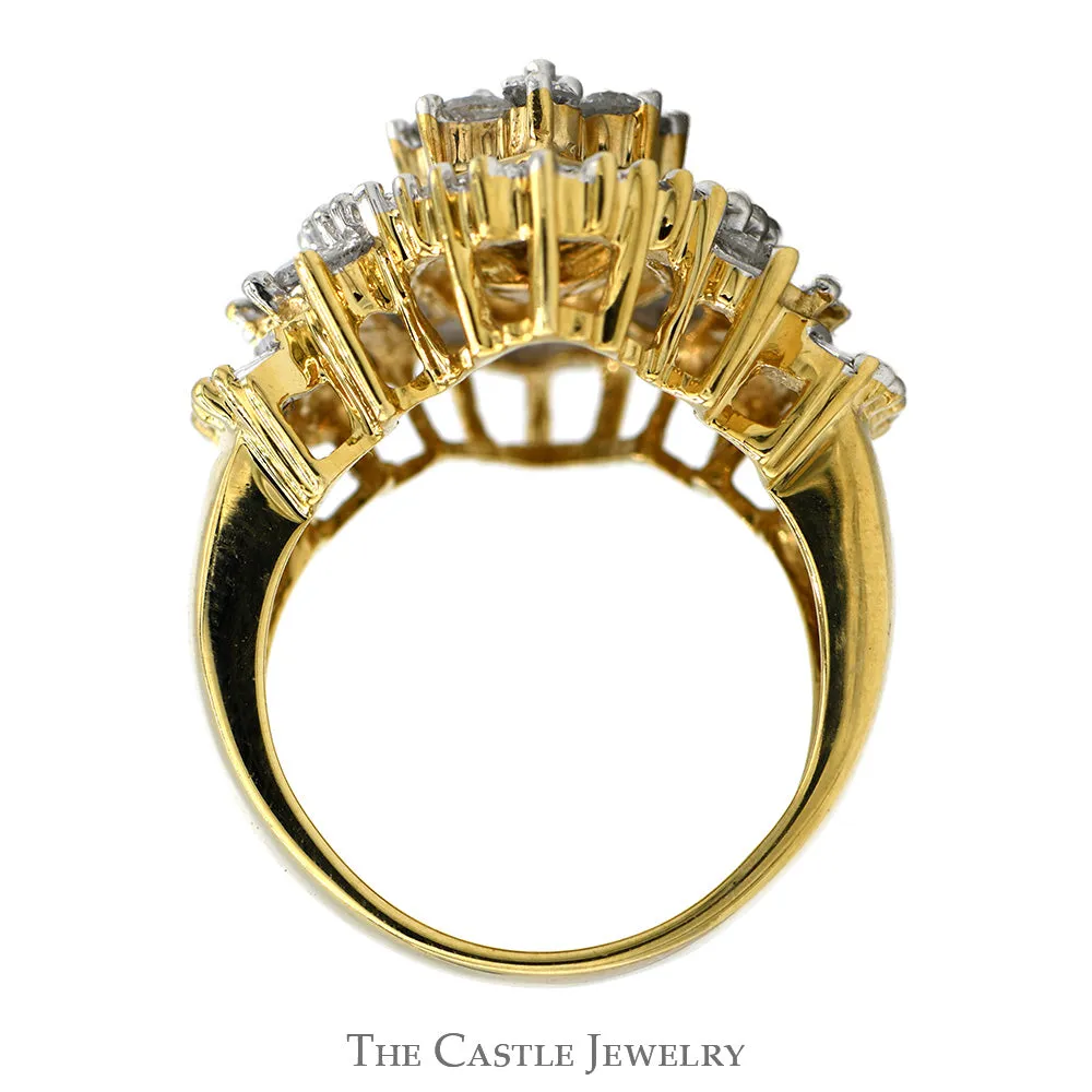 Marquise Shaped 1.33cttw Round & Baguette Diamond Cluster Ring in 10k Yellow Gold