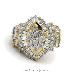 Marquise Shaped 1.33cttw Round & Baguette Diamond Cluster Ring in 10k Yellow Gold