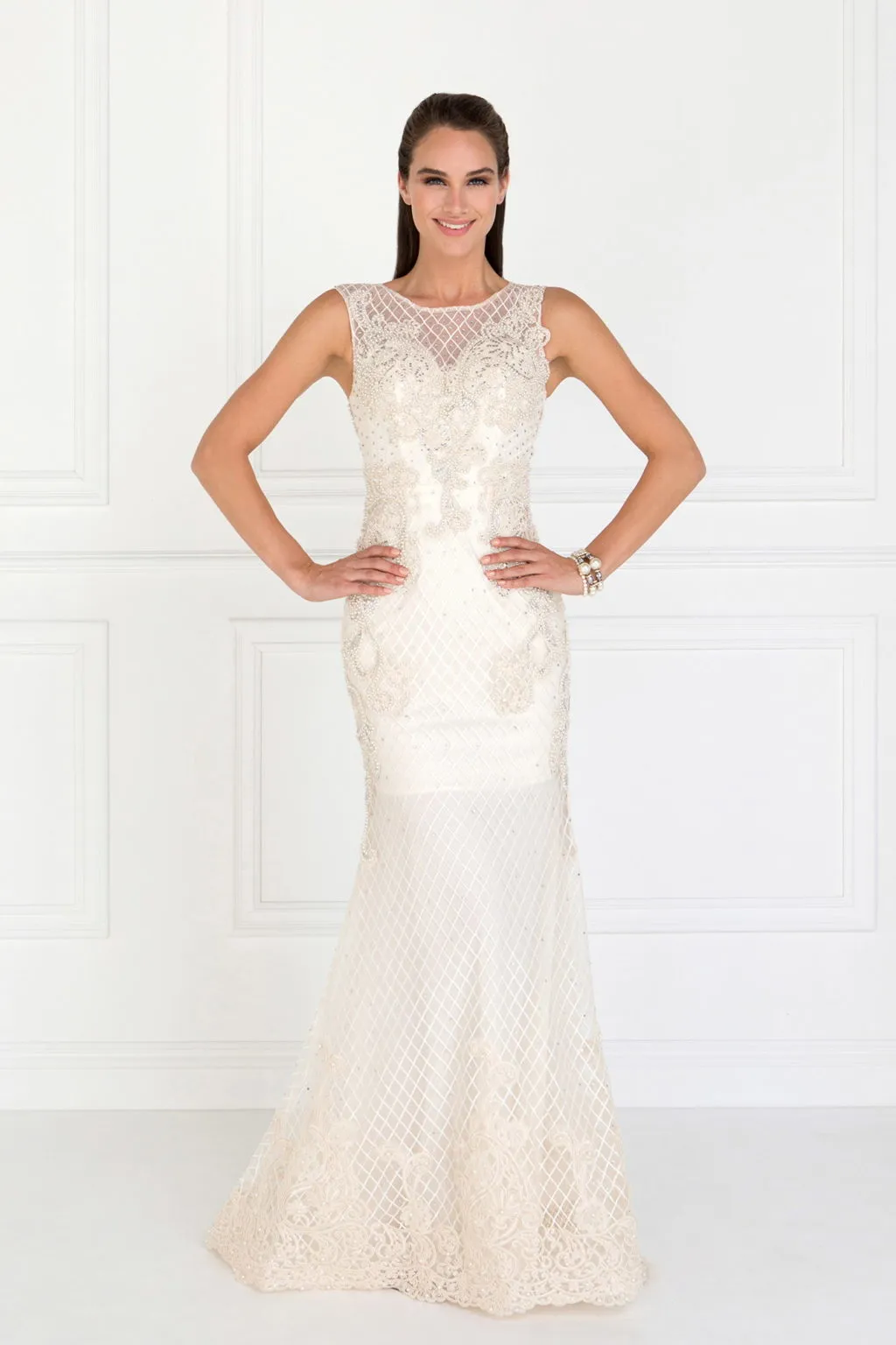 Mesh Mermaid Long Dress with Beads and Jewels Embellished