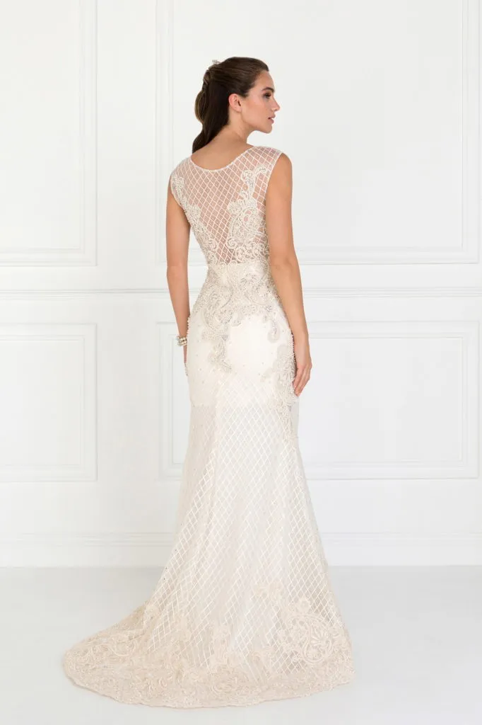 Mesh Mermaid Long Dress with Beads and Jewels Embellished