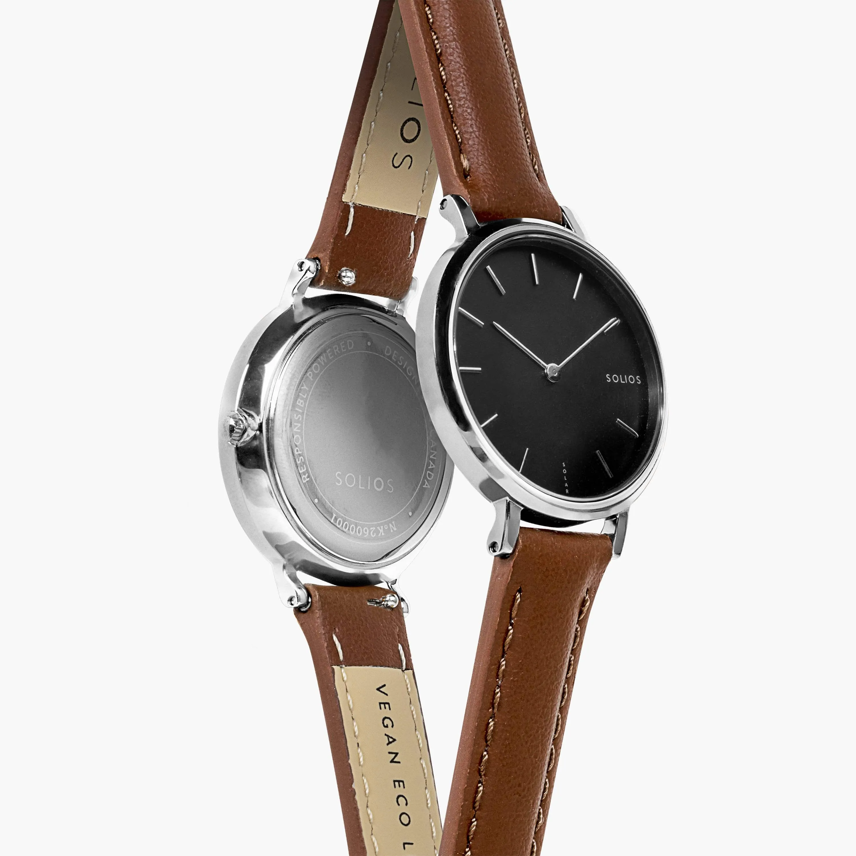 Mini Solar Watch with Black & Silver Dial | Brown Vegan Leather Strap