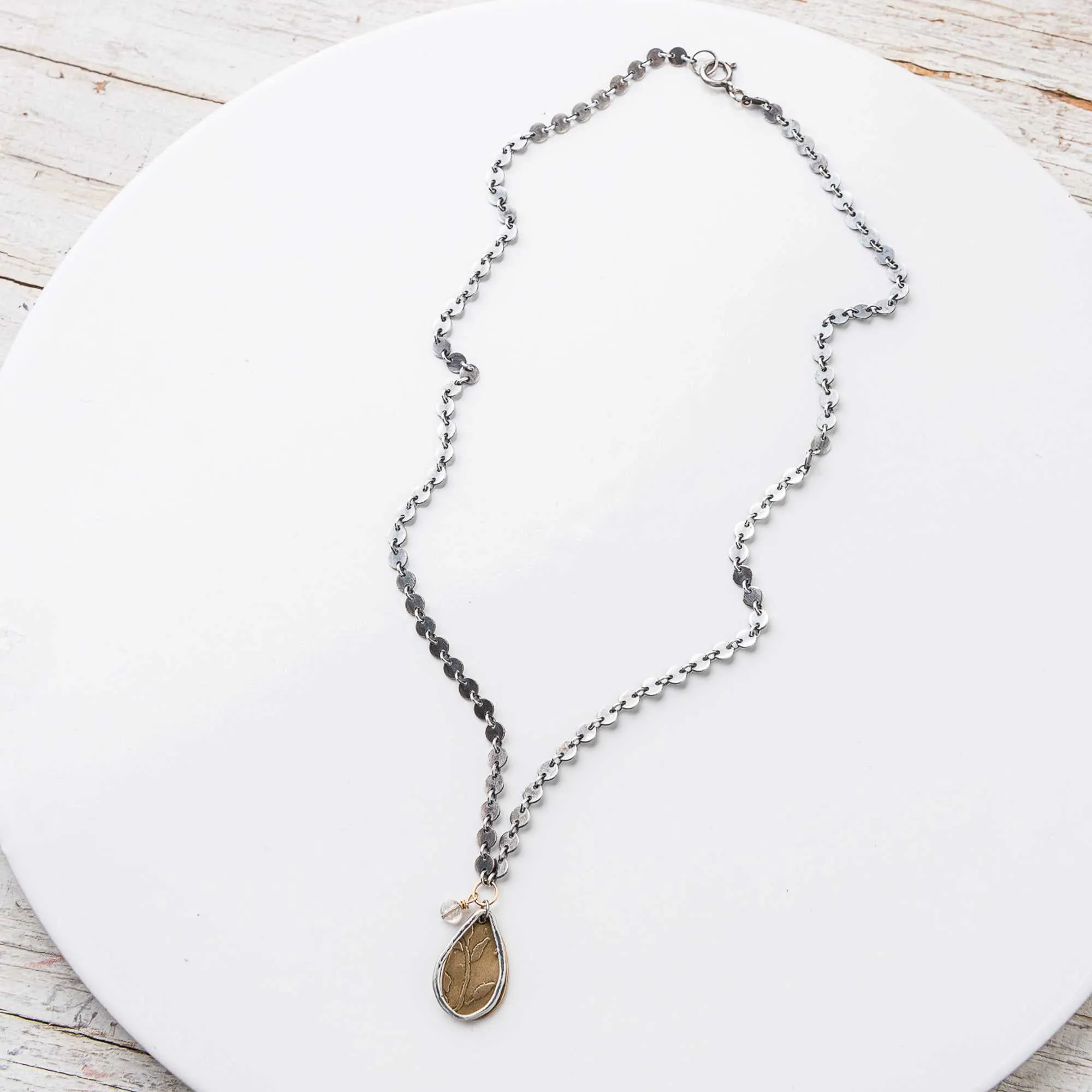 Mixed Metal Cherry Blossom Teardrop Necklace on Disc Chain