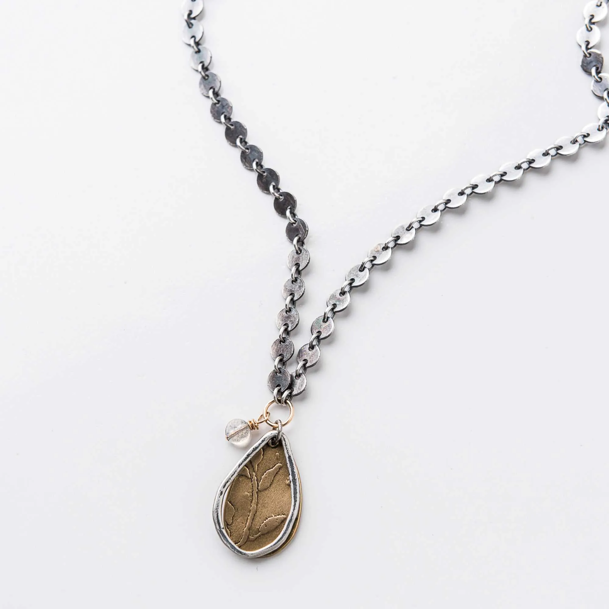 Mixed Metal Cherry Blossom Teardrop Necklace on Disc Chain