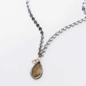 Mixed Metal Cherry Blossom Teardrop Necklace on Disc Chain