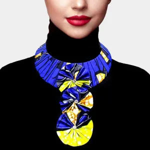 Patterned Fabric Navy Blue & Yellow Triple Flower Necklace