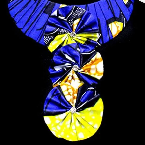 Patterned Fabric Navy Blue & Yellow Triple Flower Necklace