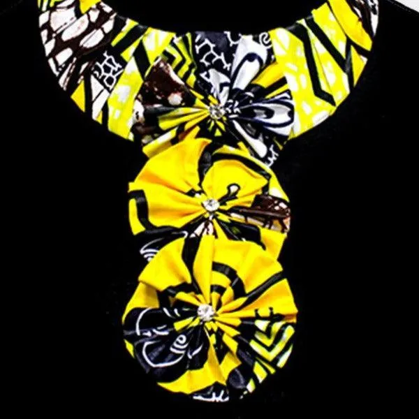 Patterned Fabric Yellow Triple Flower Necklace