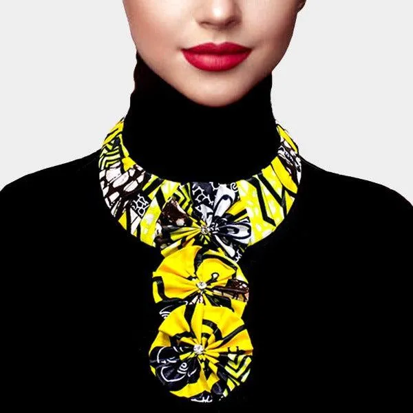 Patterned Fabric Yellow Triple Flower Necklace