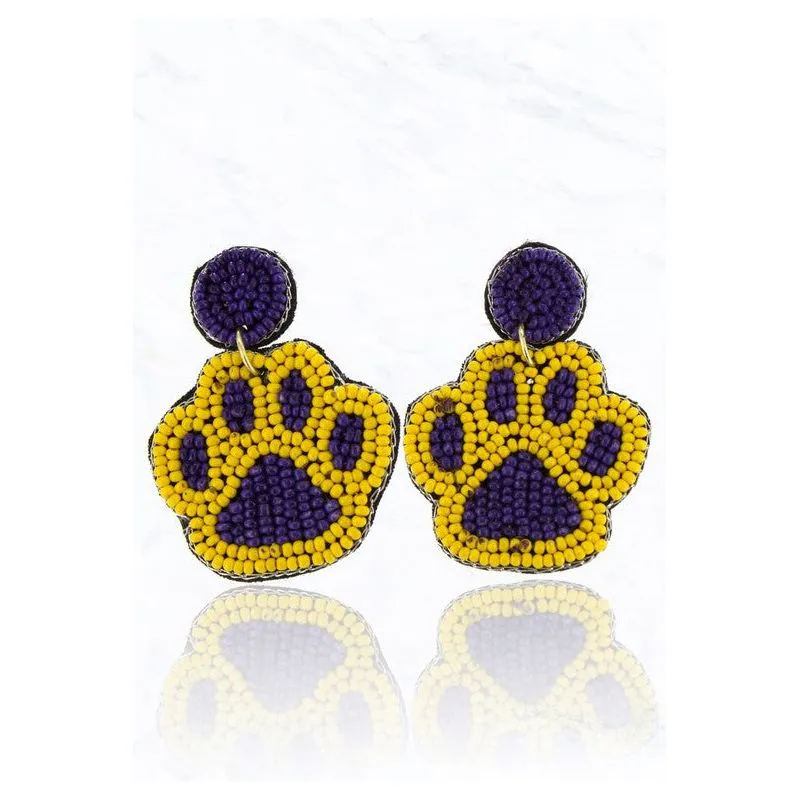 Paw Print Seed Beaded Earrings - Blue/White, Yellow/Purple, Black/Red