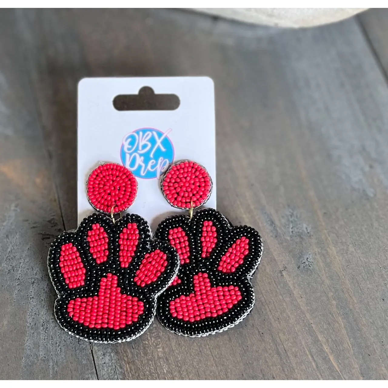 Paw Print Seed Beaded Earrings - Blue/White, Yellow/Purple, Black/Red
