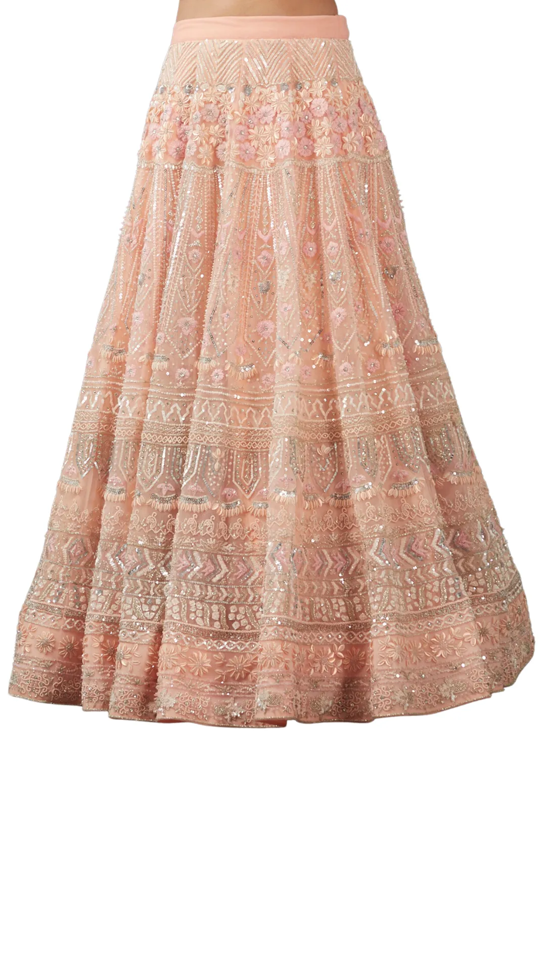 Peach Net Fully Beaded Floral Embellished Lehenga