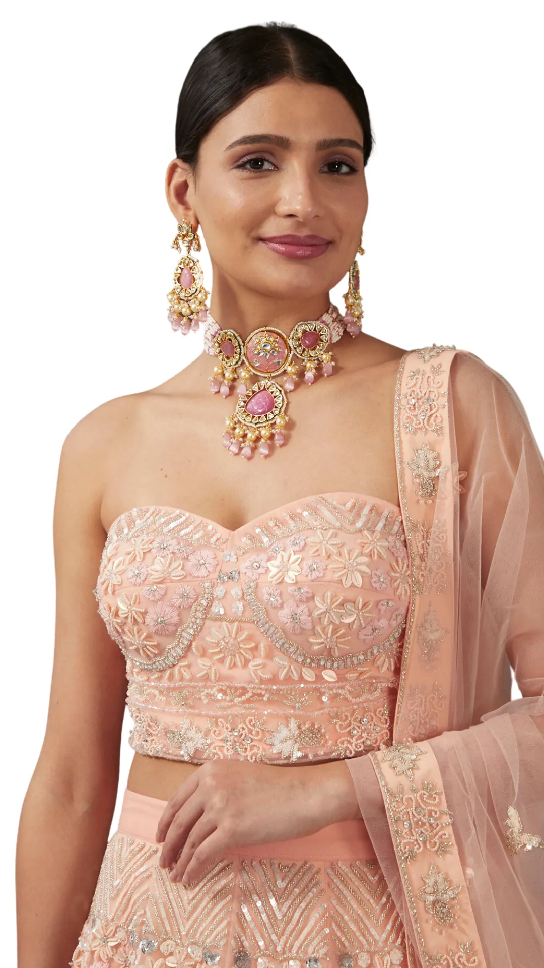 Peach Net Fully Beaded Floral Embellished Lehenga