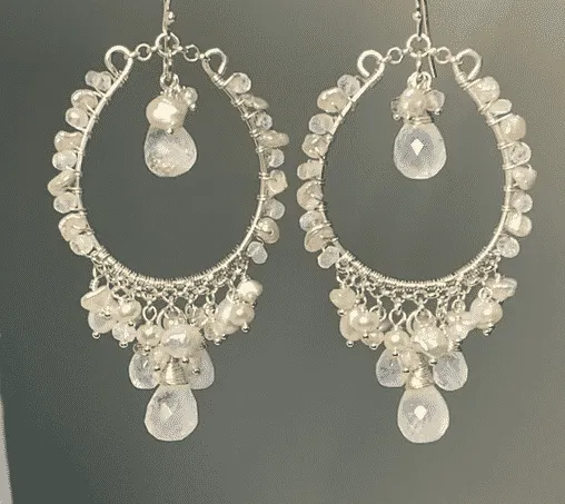 Pearl Moonstone Hoop Chandelier Statement Boho Wedding Earrings