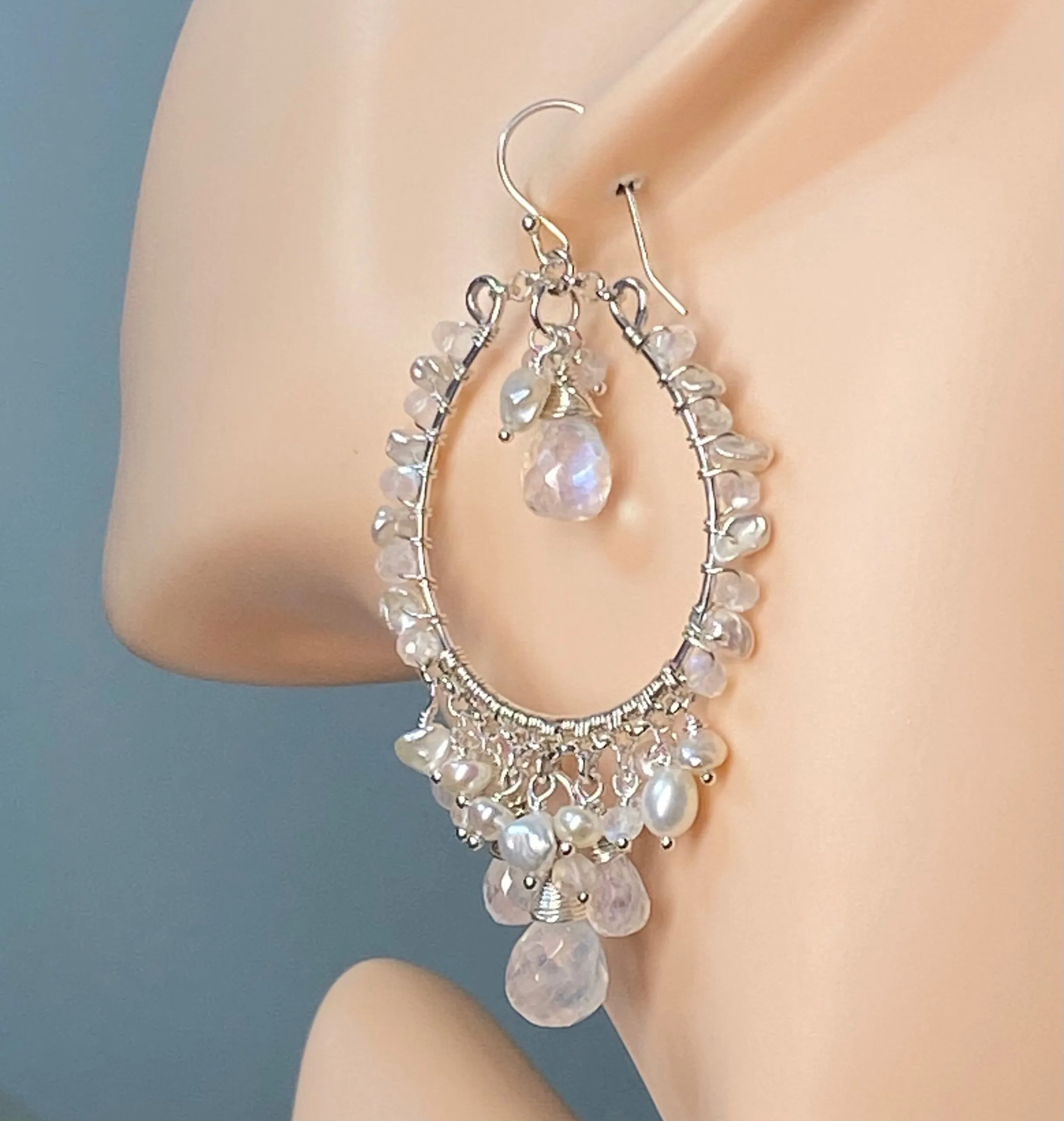 Pearl Moonstone Hoop Chandelier Statement Boho Wedding Earrings