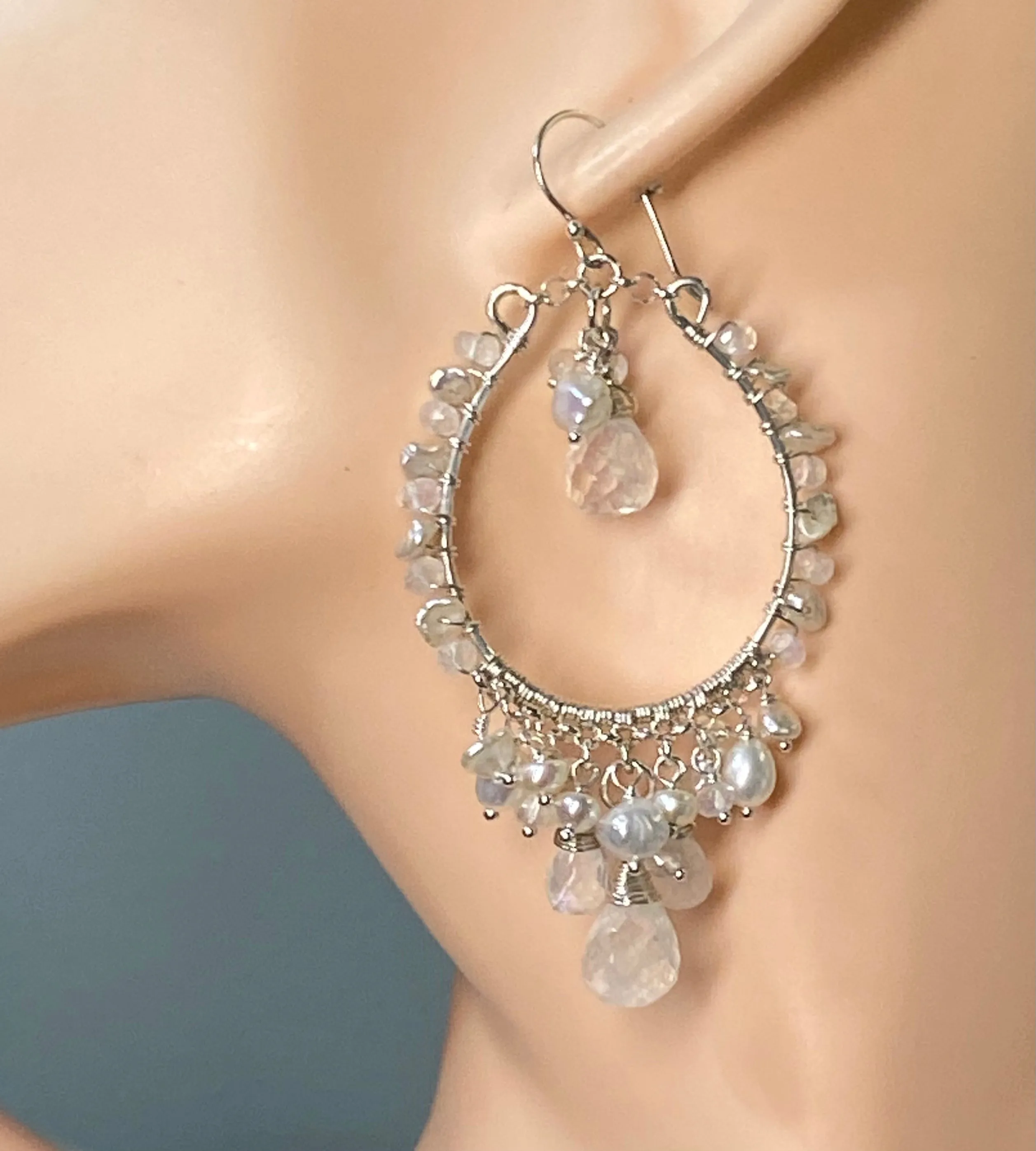 Pearl Moonstone Hoop Chandelier Statement Boho Wedding Earrings
