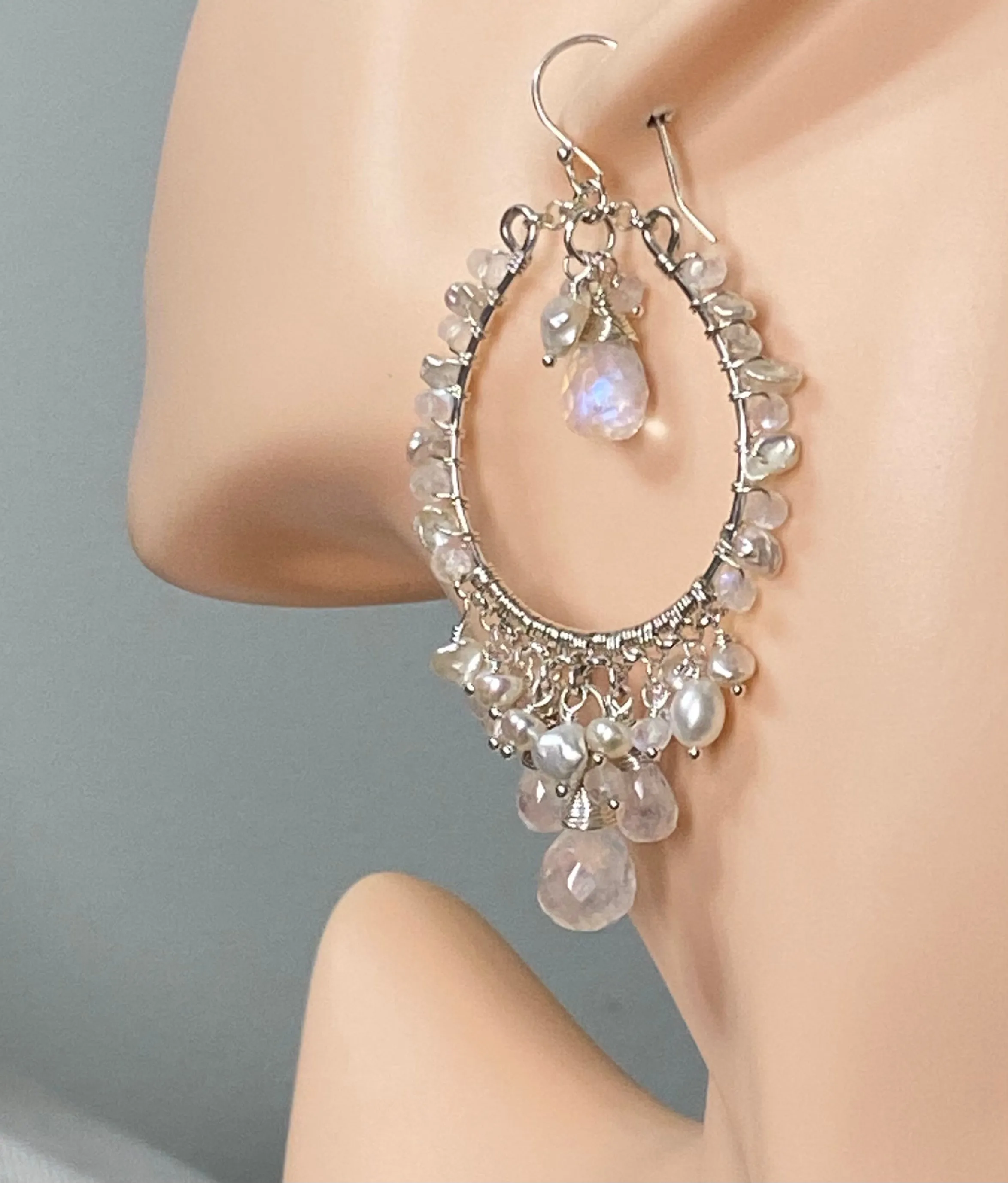 Pearl Moonstone Hoop Chandelier Statement Boho Wedding Earrings