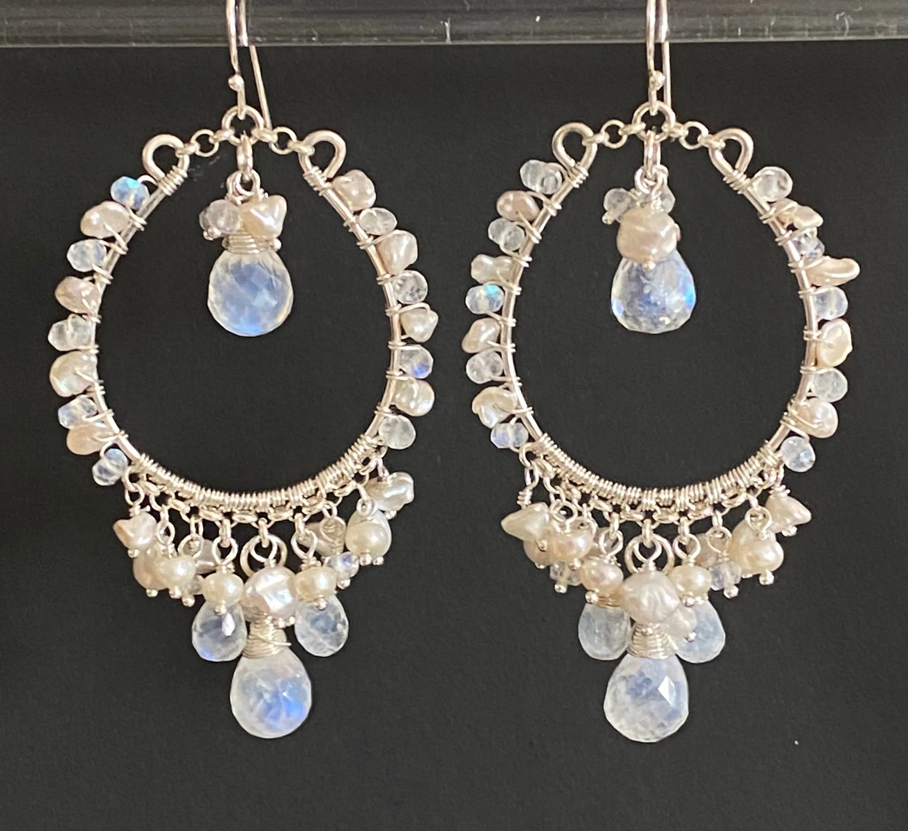 Pearl Moonstone Hoop Chandelier Statement Boho Wedding Earrings