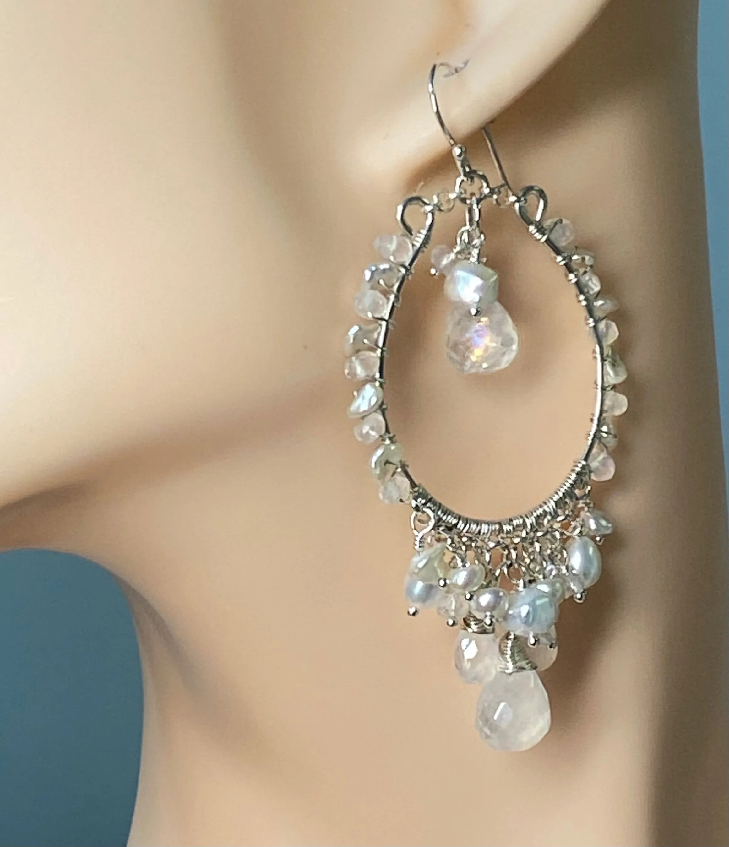 Pearl Moonstone Hoop Chandelier Statement Boho Wedding Earrings