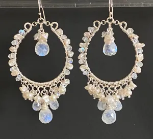Pearl Moonstone Hoop Chandelier Statement Boho Wedding Earrings