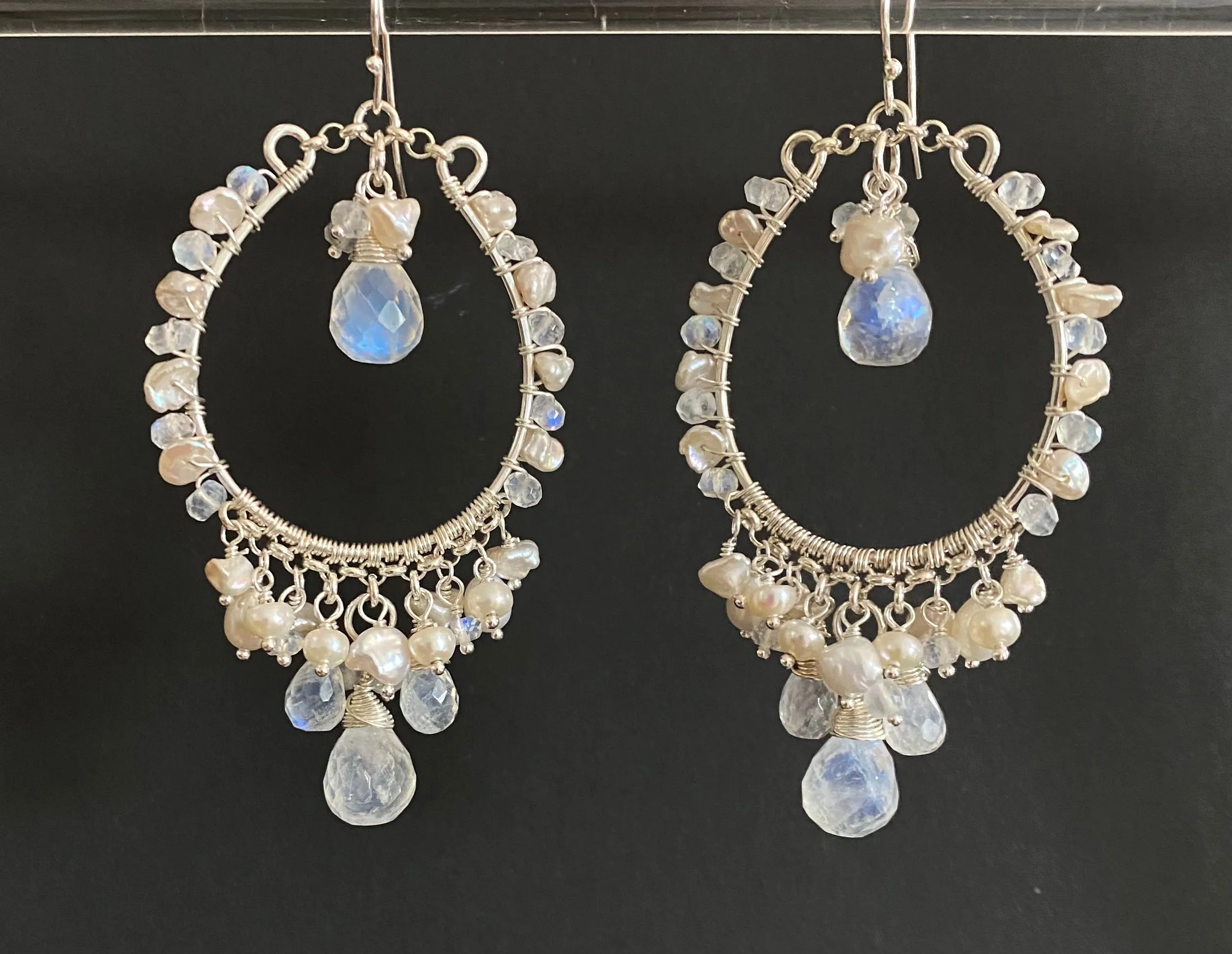 Pearl Moonstone Hoop Chandelier Statement Boho Wedding Earrings