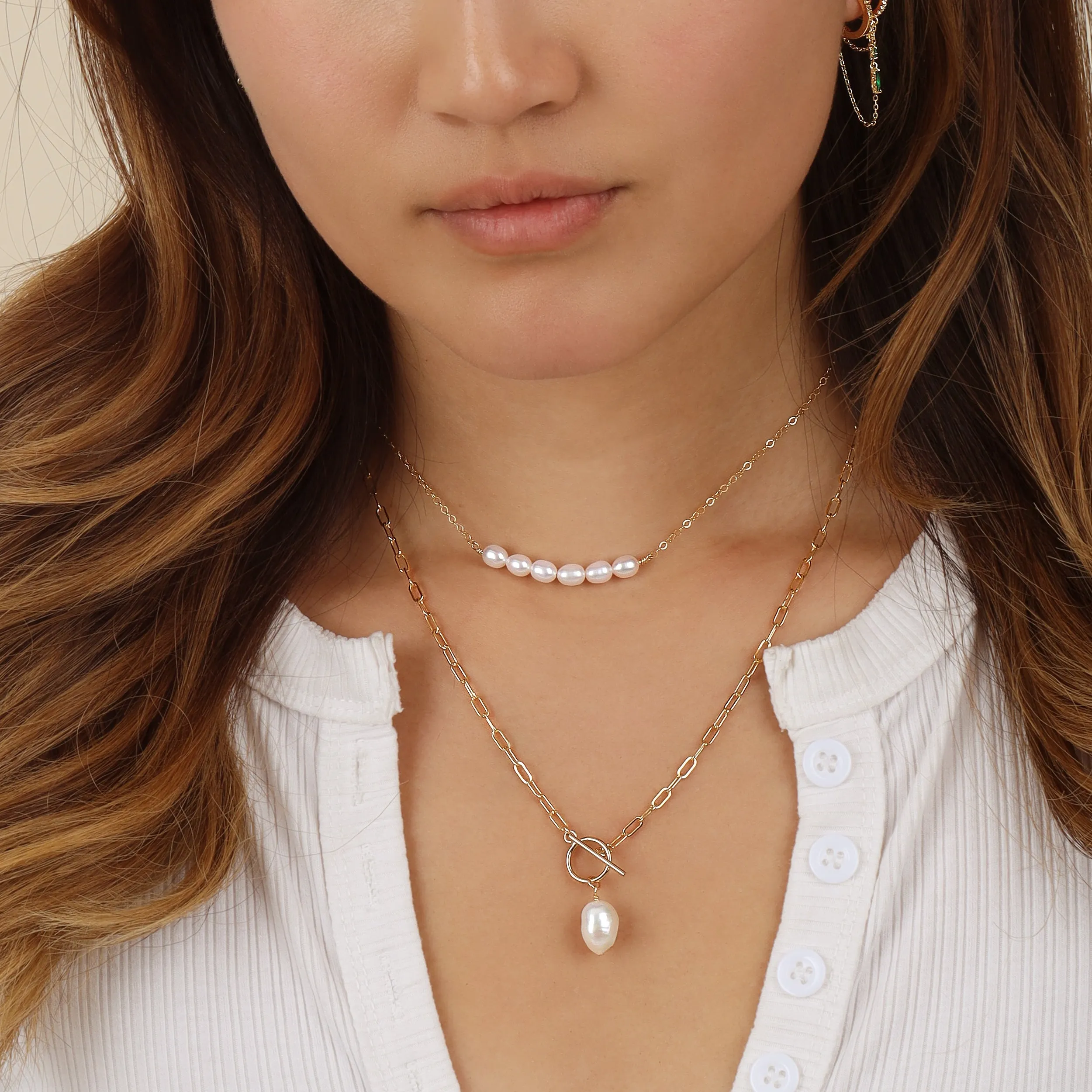 Pearl Paperclip Toggle Clasp Necklace