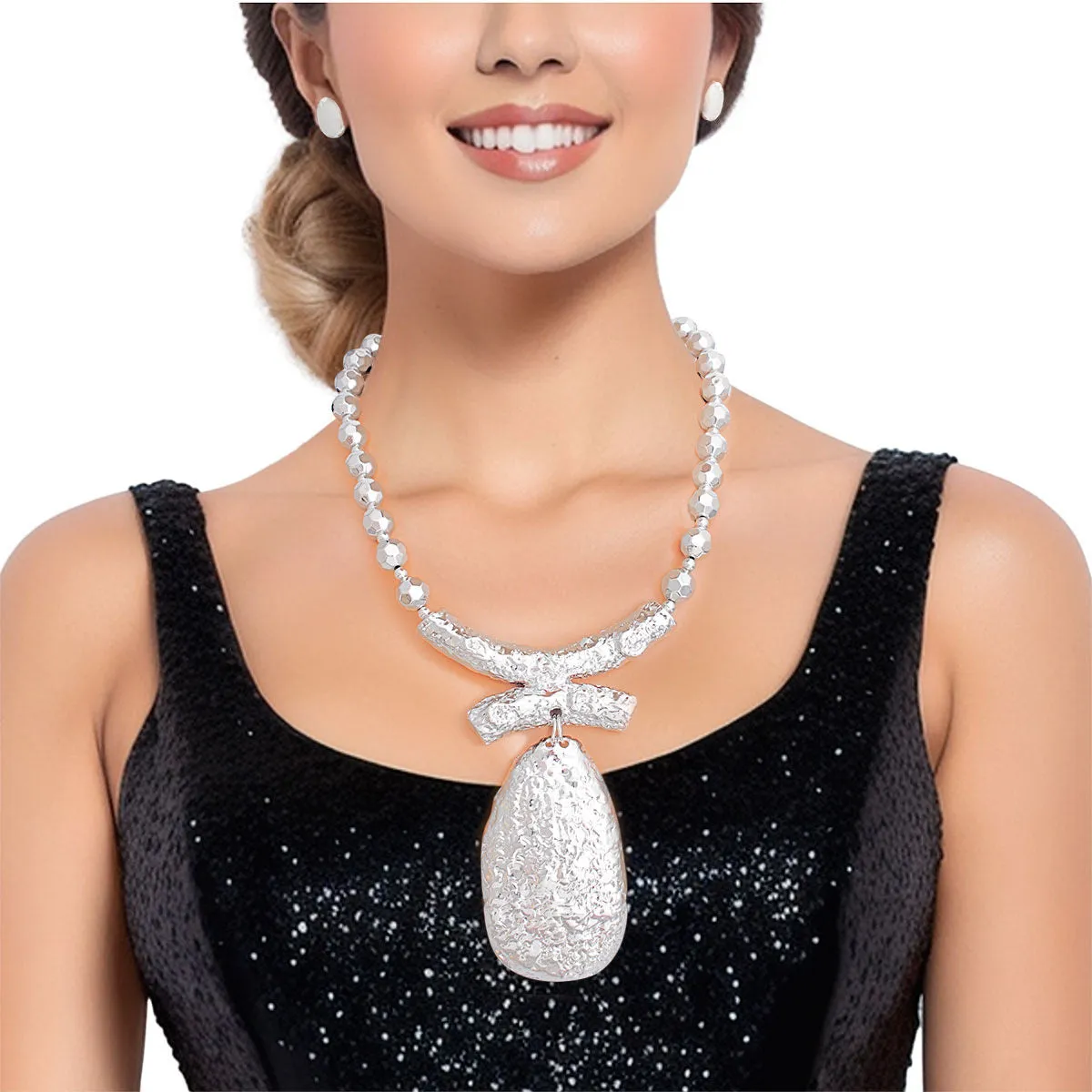 Pendant Necklace Bead Silver Teardrop Set
