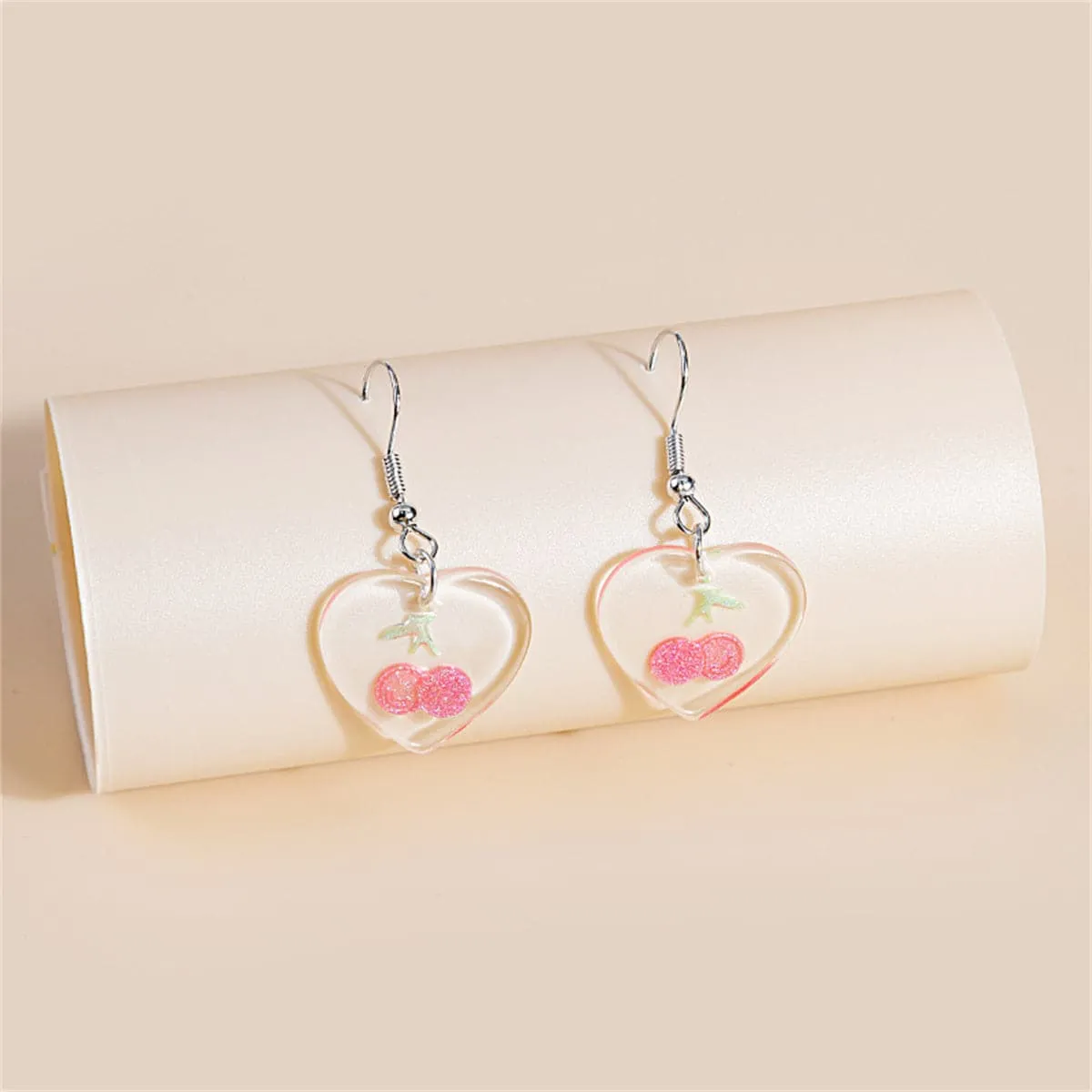 Pink & Silver-Plated Cherry Heart Drop Earrings