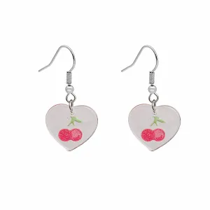 Pink & Silver-Plated Cherry Heart Drop Earrings