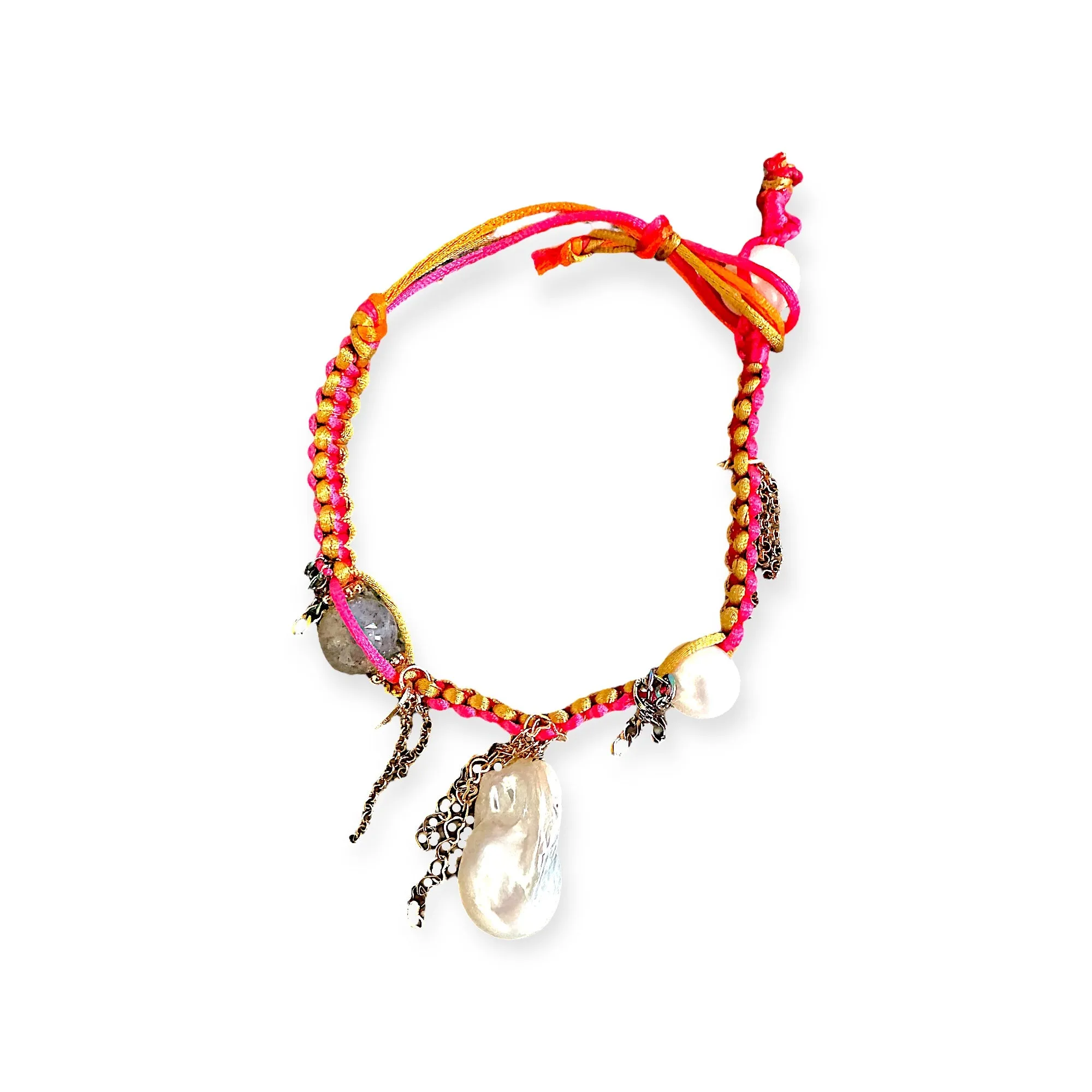 PINK BARBIE IN LOVE BAROQUE PEARL GOLD HEART SILK ROCKSTAR ANKLET