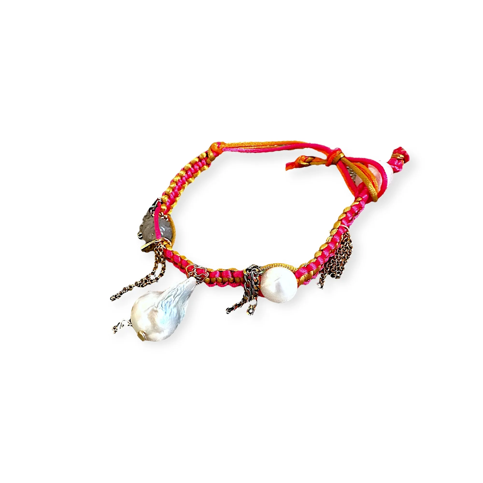 PINK BARBIE IN LOVE BAROQUE PEARL GOLD HEART SILK ROCKSTAR ANKLET