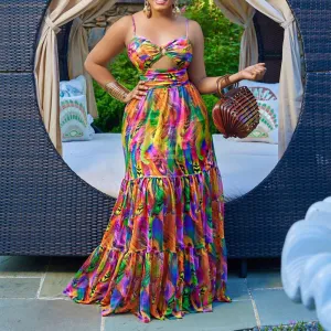 Print Sleeveless Cut Out Spaghetti Strap Maxi Dress