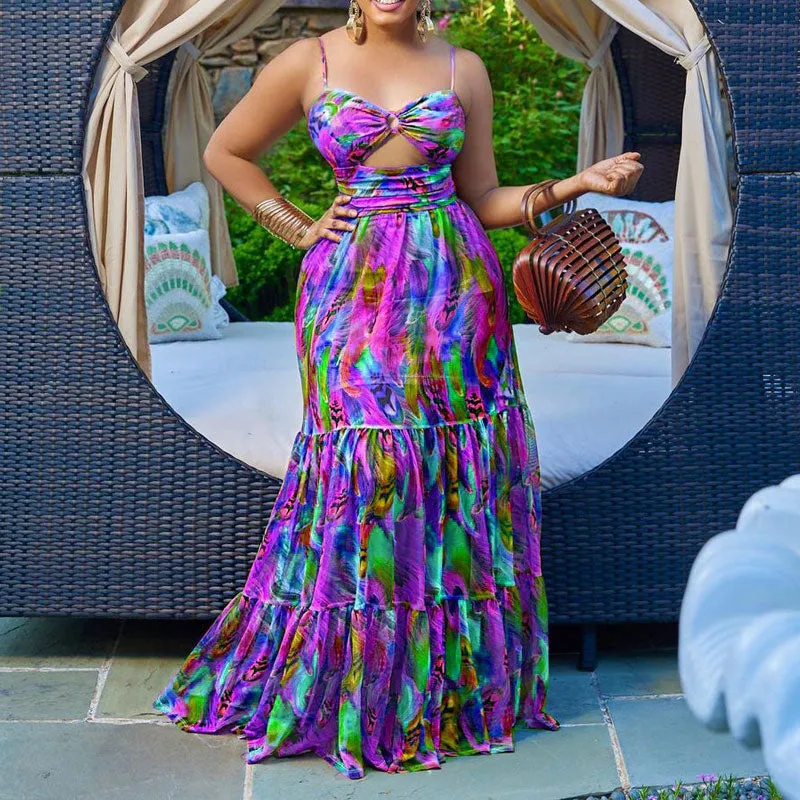 Print Sleeveless Cut Out Spaghetti Strap Maxi Dress