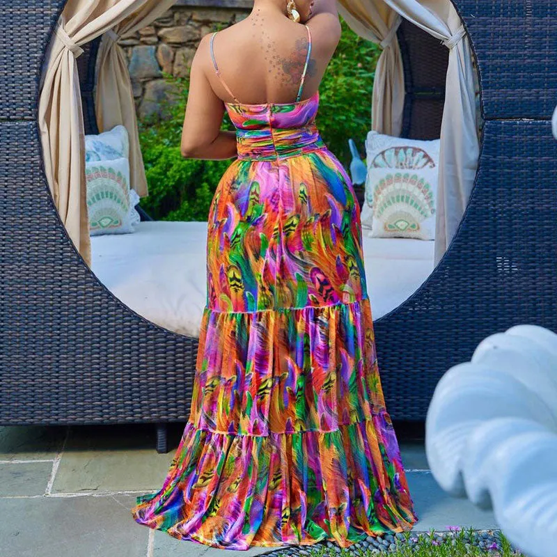 Print Sleeveless Cut Out Spaghetti Strap Maxi Dress
