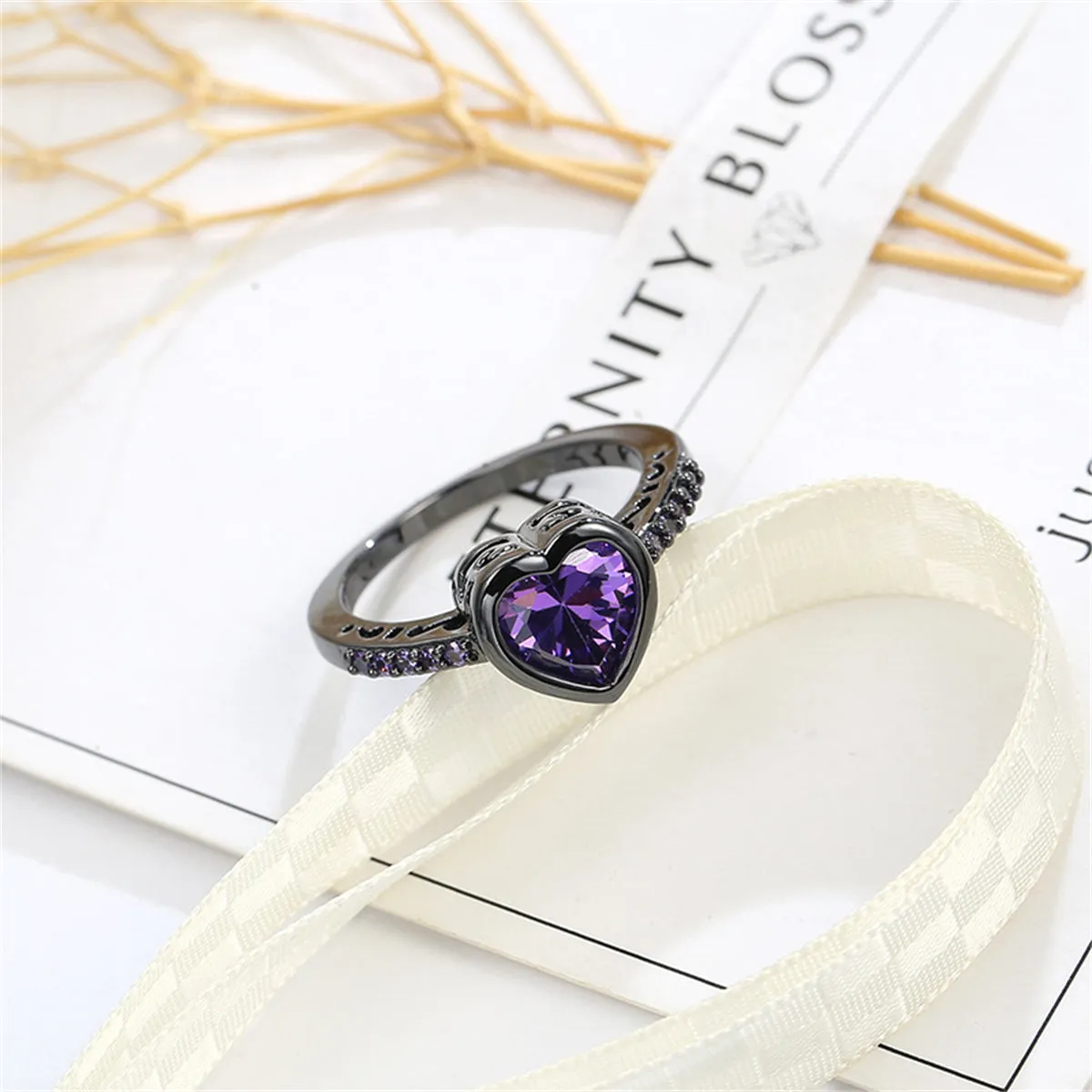 Purple Crystal & Purple Cubic Zirconia Pavé Heart-Cut Ring
