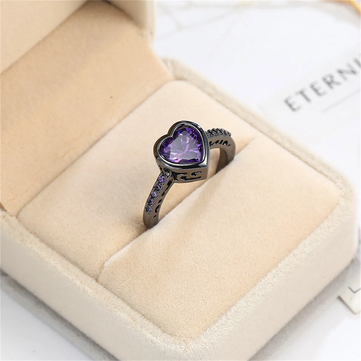 Purple Crystal & Purple Cubic Zirconia Pavé Heart-Cut Ring