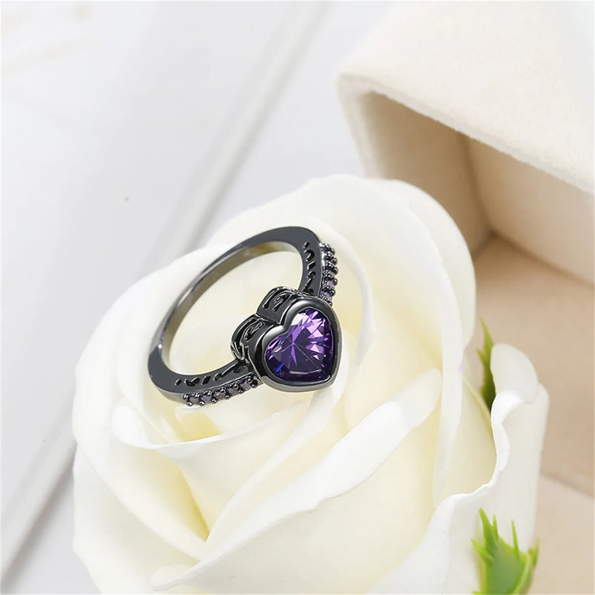Purple Crystal & Purple Cubic Zirconia Pavé Heart-Cut Ring