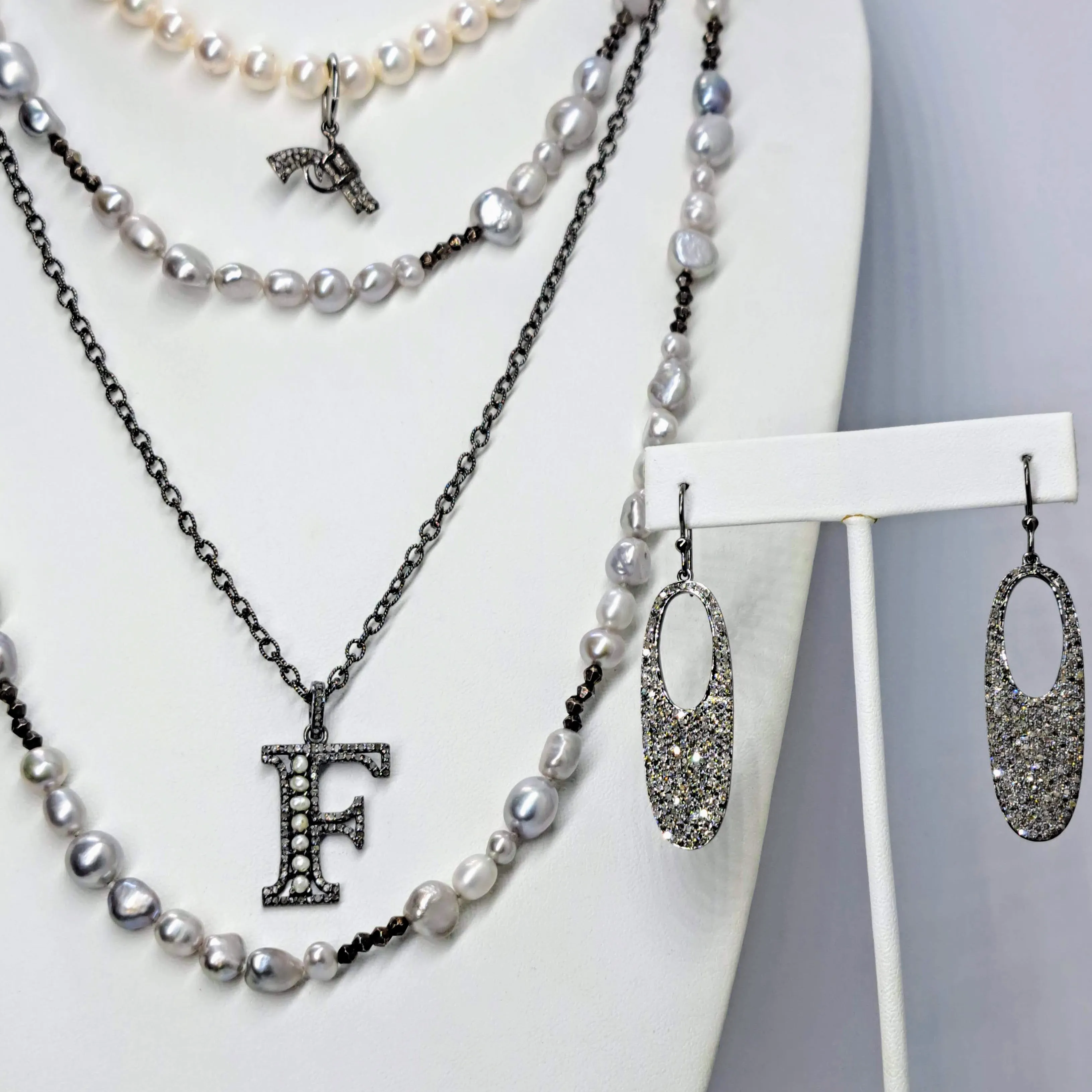 "Shot Through The Heart!" 18" Necklace - Pearls, Diamonds, Oxidized Sterling