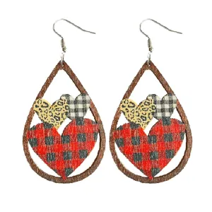 Red & Brown Wood Plaid Hearts Openwork Teardrop Earrings