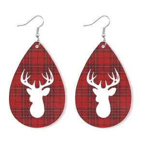 Red & Silver-Plated Plaid Reindeer Drop Earrings