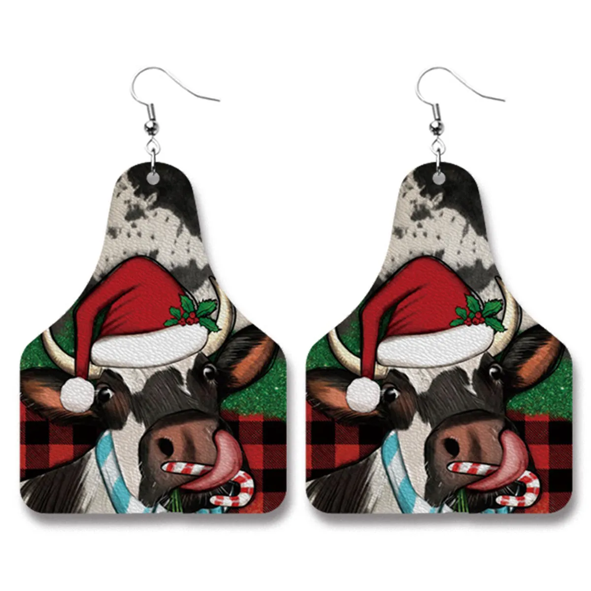 Red Plaid & Silver-Plated Christmas Hat Cow Dangle Earrings