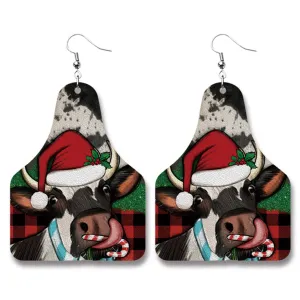 Red Plaid & Silver-Plated Christmas Hat Cow Dangle Earrings