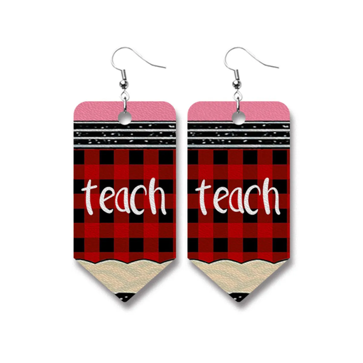 Red Polystyrene & Silver-Plated Plaid 'Teach' Pencil Drop Earrings