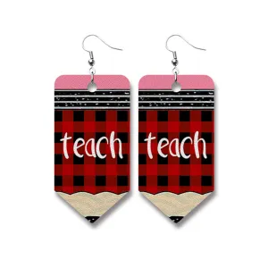 Red Polystyrene & Silver-Plated Plaid 'Teach' Pencil Drop Earrings